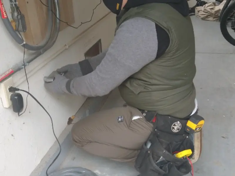 Electrician performing outlet wiring in a Montebello garage